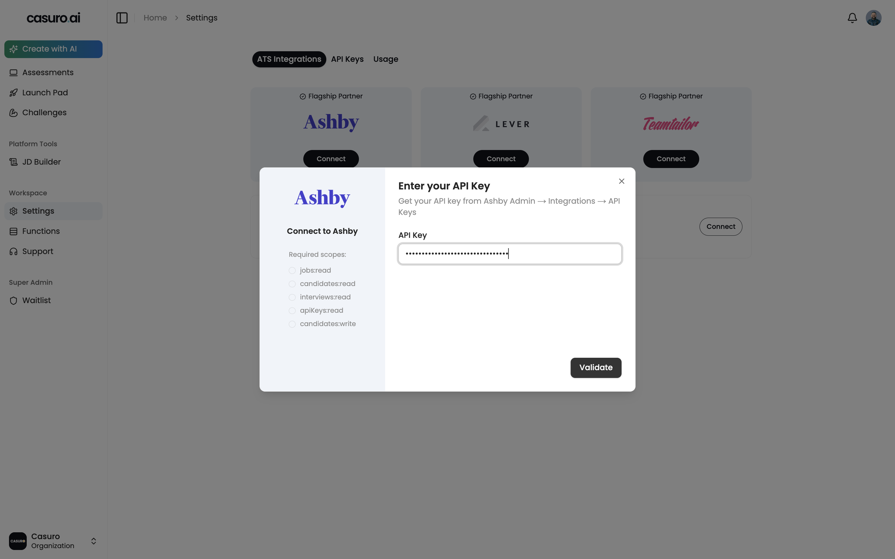 Add Ashby API Key in Casuro