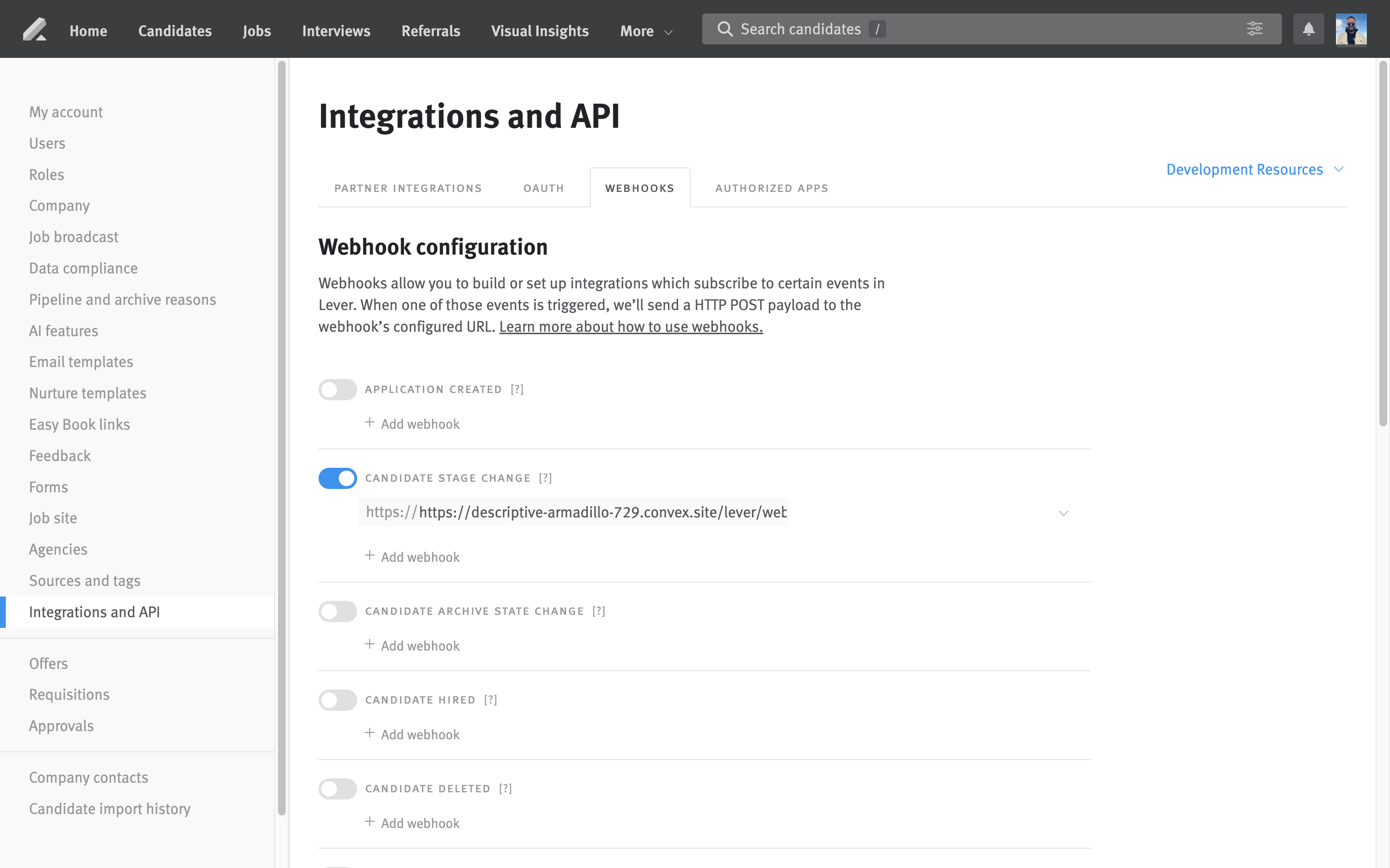 Turn on Lever webhooks